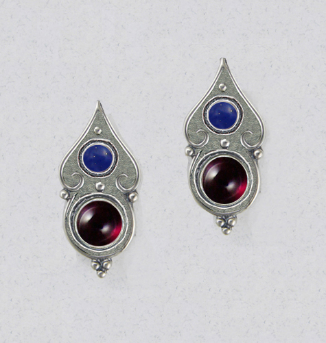 Sterling Silver Gothic Look Post Stud Earrings With Garnet And Lapis Lazuli